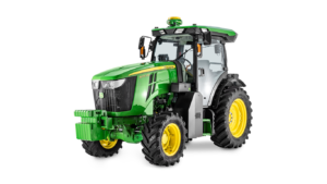 Pogled z leve strani zelenega traktorja John Deere 5090EN z rumenimi kolesi in kabino