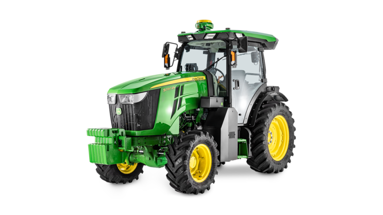 Pogled z leve strani zelenega traktorja John Deere 5090EN z rumenimi kolesi in kabino