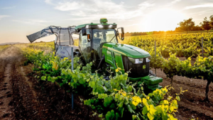 Zeleno rumeni traktor John Deere 5105EN, ki dela v vinogradu ob sončnem zahodu in škropi poljščine med vrstami vinske trte