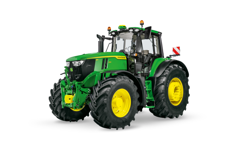 Slika traktorskega studia John Deere 6M 250, ki poudarja kabino, osvetlitev in sprednje drogovje za težje pogoje delovanja